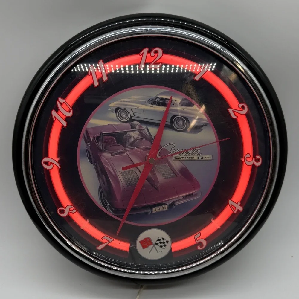 VTG Corvette Stingray Neon Wall Clock Red Light Classic Car Garage‎ Decor WORKS
